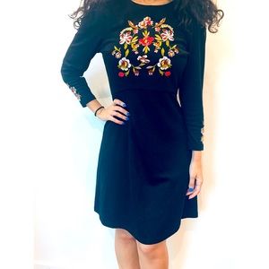 Loft Black Embroidered Fit & Flare Dress